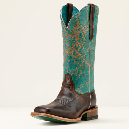 Pard's Western Shop Ariat Women's Brown Frontier Farrah Broad Square Toe Western Boots with Distressed Teal Tops