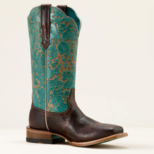 Ariat Women's Brown Frontier Farrah Broad Square Toe Western Boots with Distressed Teal Tops
