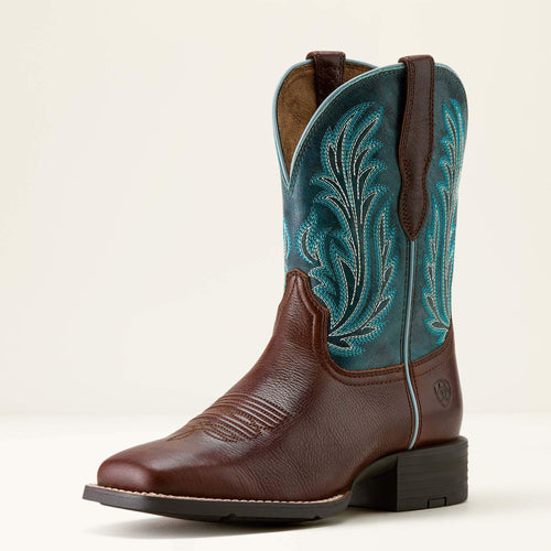 Pard's Western Shop Ariat Women's Oiled Teak Round Up Filly Broad Square Toe with Blue Tops