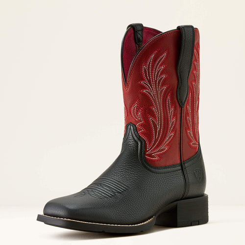 Pard's Western Shop Ariat Women's Black Deertan Round Up Filly Broad Square Toe Western Boots with Dark Red Tops