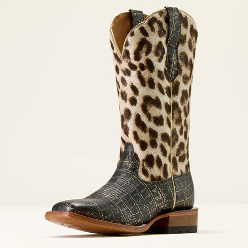 Pard's Western Shop Ariat Women's Frontier Farrah Bronzed Black Croc Print Broad Square Toe Boots with Leopard Print Tops