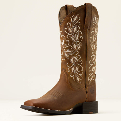 Ariat Women's Brown Round Up Holly Broad Square Toe Western Boots with Floral Embroidered Tops
