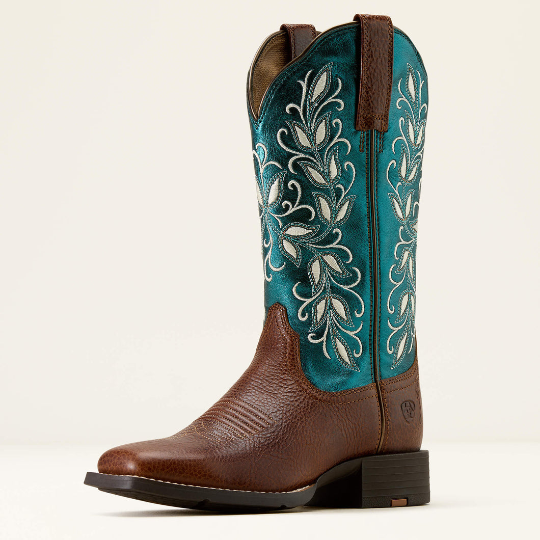 Pard's Western Shop Ariat Women's Brown Round Up Holly Broad Square Toe Western Boots with Metallic Turquoise Tops