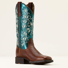 Ariat Women's Brown Round Up Holly Broad Square Toe Western Boots with Metallic Turquoise Tops