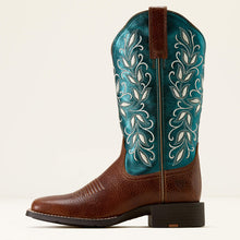 Ariat Women's Brown Round Up Holly Broad Square Toe Western Boots with Metallic Turquoise Tops