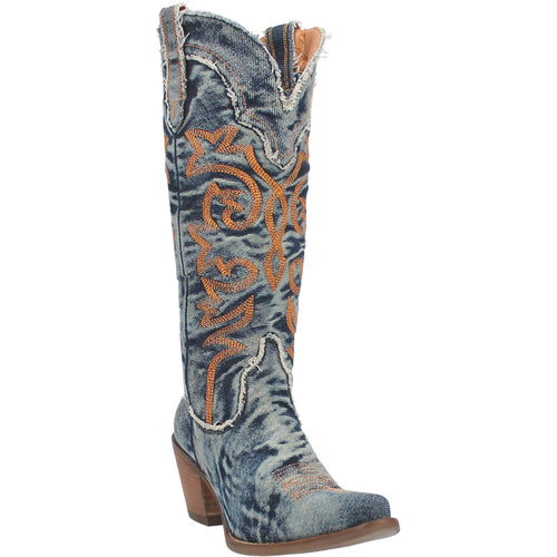 Pard's Western Shop Laredo Women's Texas Tornado Blue Denim Western Boots with Orange Stitching