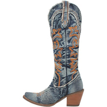 Dingo Women's Texas Tornado Blue Denim Western Boots with Orange Stitching