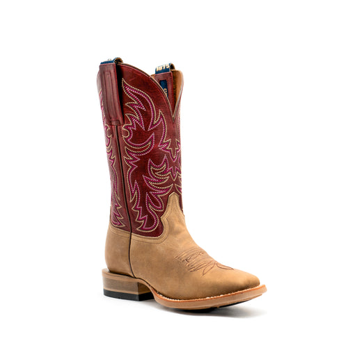 Pard's Western Shop Hyer Women's Tan Topeka Broad Square Toe Western Boots with Bright Cherry Red Tops