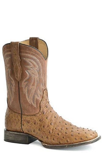 Pard's Western Shop Roper Footwear Men's Burnished Tan Full Quill Ostrich Wide Square Toe Boots