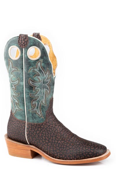 Pard's Western Shop Roper Footwear Men's Brown Bullhide Print Roughstock Square Toe Boots with Turquoise Tops