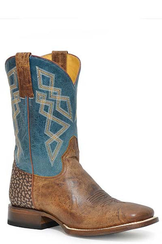 Pard's Western Shop Roper Footwear Men's Waxy Tan Square Toe Western Boots with Burnished Blue Tops