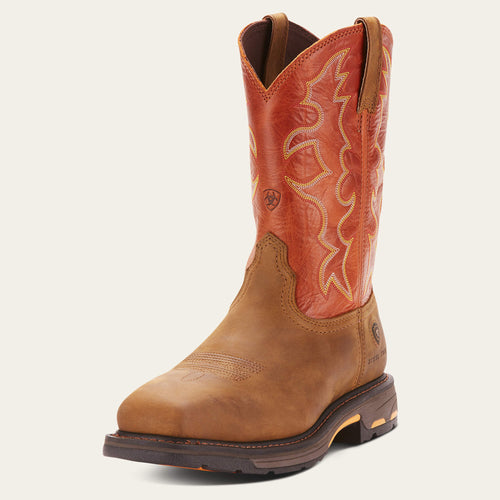 Pard's Western shop Ariat Men's Brown WorkHog Broad Square Steel Toe Work Boots with Orange Tops