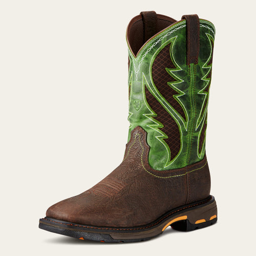 Pard's Western Shop Ariat Men's Brown VentTEK Workhog Broad Square Toe Work Boots with Green Tops