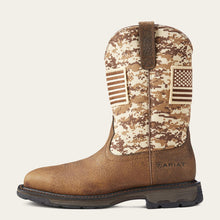 Ariat Men's Brown WorkHog Patriot Broad Square Toe Work Boots with USA Flag Patch on Brown Camo Tops