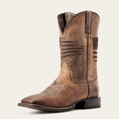 Pard's Western Shop Ariat Men's Weathered Tan Circuit Patriot Broad Square Toe Cowboy Boots with Embroidered American Flag on the Tops