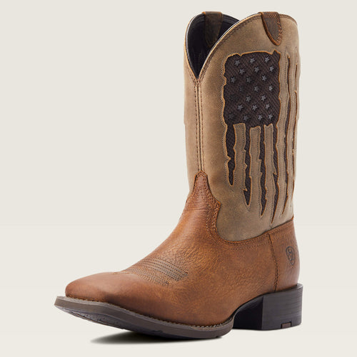 Pard's Western Shop Ariat Men's Brown Sport My Country Broad Square Toe Western Boots with Tan VentTEK Distressed Flag Tops