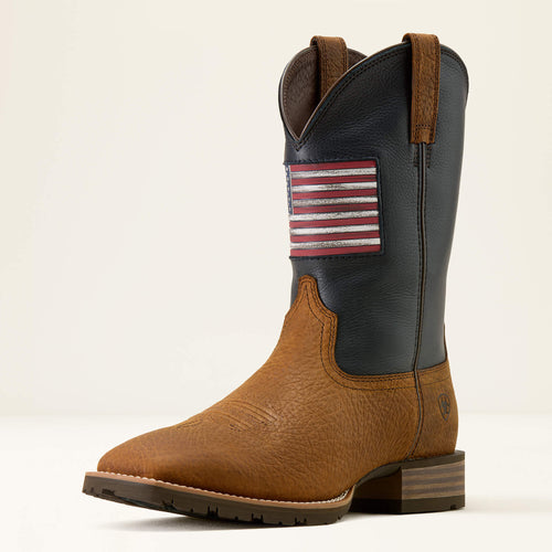 Pard's Western Shop Ariat Men's Brown Hybrid Rancher Patriot Broad Square Toe Cowboy Boots with Navy Tops & Distressed Stars and Stripes Patch