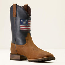 Ariat Men's Brown Hybrid Rancher Patriot Broad Square Toe Cowboy Boots with Navy Tops & Distressed Stars and Stripes Patch