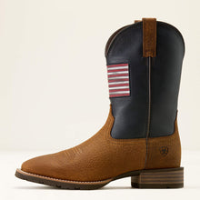 Ariat Men's Brown Hybrid Rancher Patriot Broad Square Toe Cowboy Boots with Navy Tops & Distressed Stars and Stripes Patch