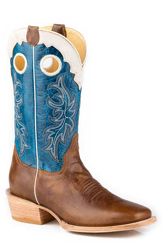 Pard's Western Shop Roper Footwear Waxy Brown Ride 'em Cowboy Broad Square Toe Cowboy Boots with Blue Tops