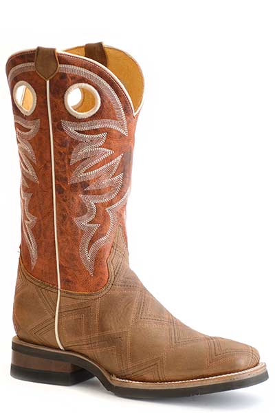 Pard's Western Shop Men's Roper Footwear Burnished Brown ZigZag Stitched Wide Square Toe Garland Boots with Waxy Orange Tops Blue Tops