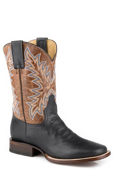 Pard's Western Shop Stetson Men's Black Broad Square Toe Boots with Waxy Brown Tops
