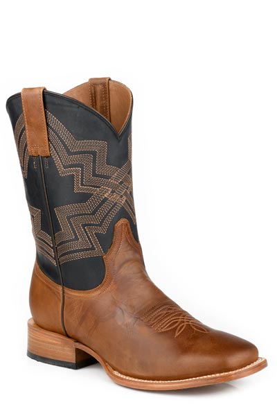 Pard's Western Shop Stetson Men's Burnished Brown Broad Square Toe Boots with Waxy Black Tops