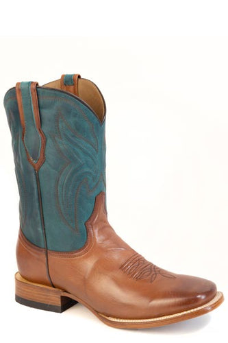 Pard's Western Shop Stetson Men's Burnish Cognac Calf Broad Square Toe Boots with Burnish Turquoise Tops