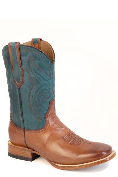 Pard's Western Shop Stetson Men's Burnish Cognac Calf Broad Square Toe Boots with Burnish Turquoise Tops