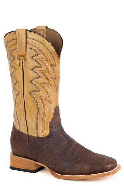 Pard's Western Shop Stetson Men's Brown Bull Shoulder Broad Square Toe Boots with Burnished Gold Tops