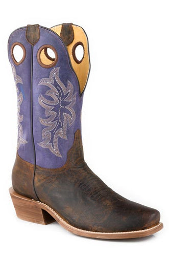 Pard's Western Shop Roper Footwear Oiled Brown Ride 'em Bullrider Blunt Toe Cowboy Boots with Dark Purple Tops