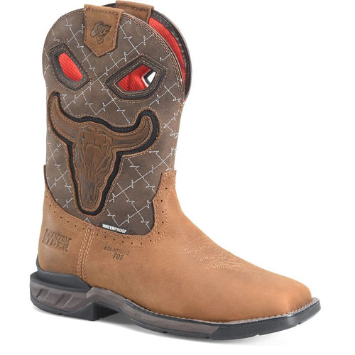 Pard's Western shop Double H Phantom Rider Brown Biggs Waterproof Broad Square Composite Toe Western Work Boots with steer skull design on the tops