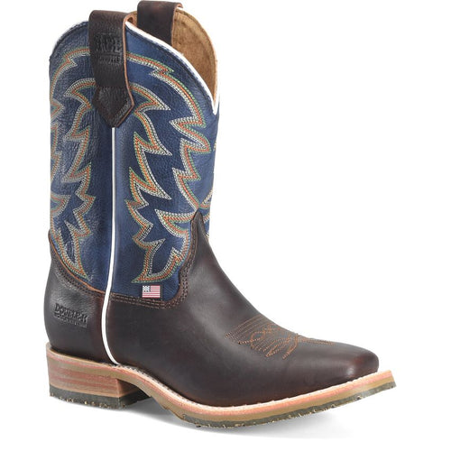 Pard's Western Shop Double H Men's Whiskey Long Broad Square Toe Roper Boots with Cobalt Blue Tops