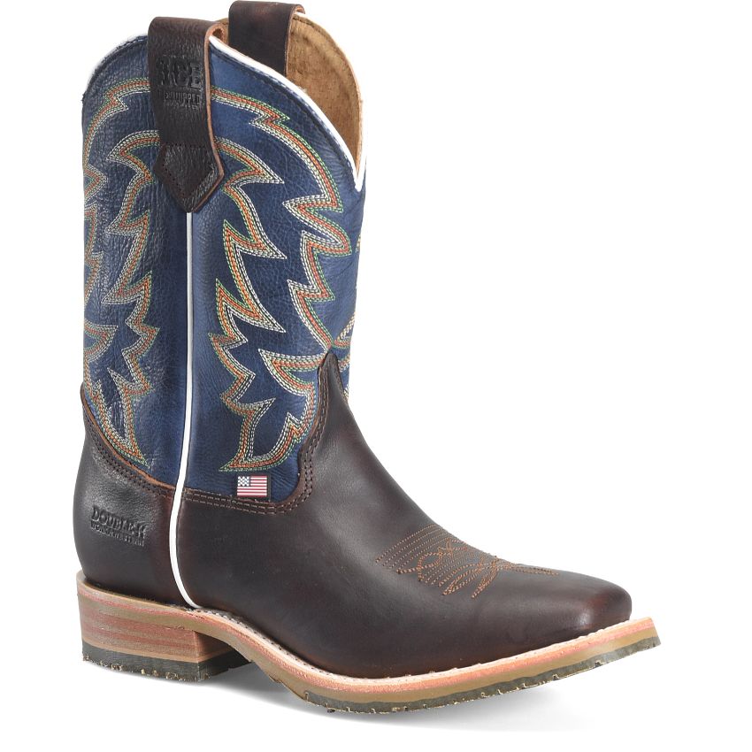 Pard's Western Shop Double H Men's Whiskey Long Broad Square Toe Roper Boots with Cobalt Blue Tops