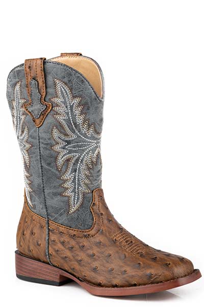 Pard's Western Shop Roper Footwear Children's Brown Ostrich Print Square Toe Boots with Blue Tops