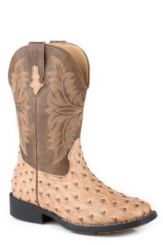 Pard's Western Shop Roper Beige Full Quill Ostrich Print Boots with Brown Tops for Kids