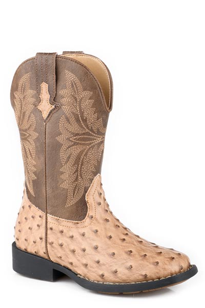 Pard's Western Shop Roper Beige Full Quill Ostrich Print Boots with Brown Tops for Kids