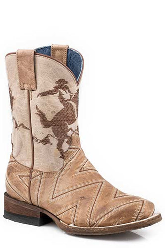 Pard's Western Shop Roper Footwear Kid's Burnished Tan Zig Zag Stitched Square Toe Boots with Bronc Rider Embroidered Tops