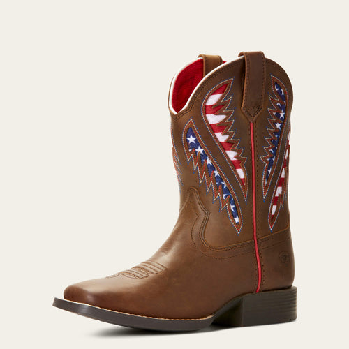 Pard's Western Shop Kids Ariat Brown Quickdraw VentTEK Square Toe Western Boots with USA Flag Inlay Tops