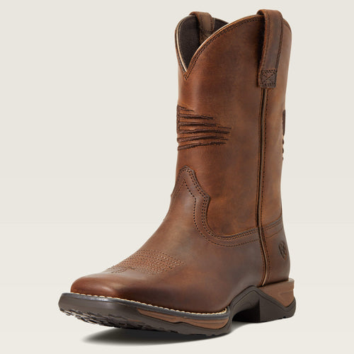 Pard's Western Shop Ariat Kid's Distressed Brown Anthem Patriot Western Boots with Embroidered American Flag