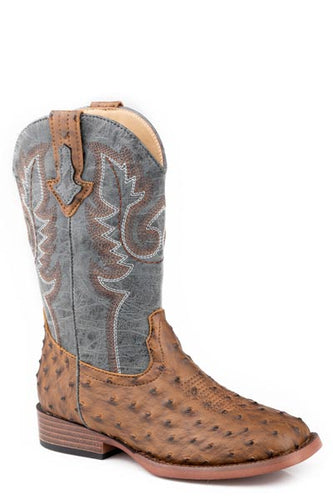Pard's Western Shop Roper Brown Full Quill Ostrich Print Boots with Vintage Blue Tops for Big Kids