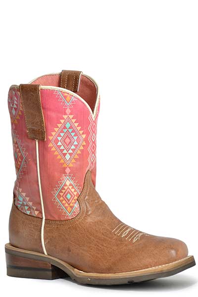 Pard's Western shop Roper Footwear Waxy Tan Square Toe Boots with Pink Aztec Tops for Big Kids