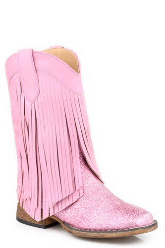 Pard's Western Shop Roper Pink Glitter Fashion Western Boots with Metallic Pink Fringe Tops for Kids