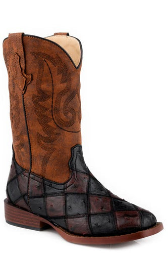 Pard's Western Shop Roper Footwear Black/Brown Patchwork Ostrich Print Boots for Kids