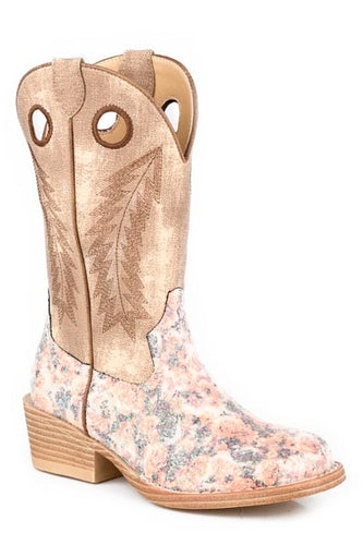 Pard's Western Shop Roper Footwear Multi Floral Glitter Willow Boots with Vintage Brown Denim Tops for Kids