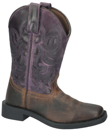 Pard's Western Shop Smoky Mountain Boots Distressed Brown Oil Square Toe Tuscon Boots with Dark Purple Tops for Kids
