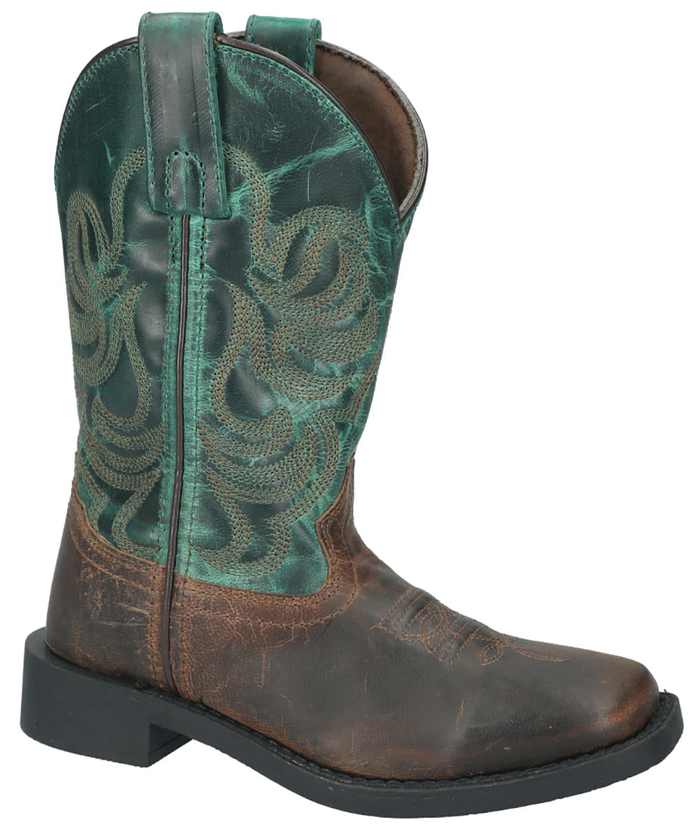 Pards Western Shop Kids Smoky Mountain Boots Distressed Brown Square Toe Boots with Dark Green Tops