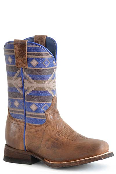 Pard's Western Shop Roper Kids Waxy Tan Boots with Blue Aztec Printed Tops