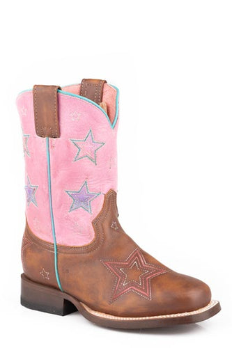 Pard's Western Shop Roper Kids Tan Star Boots with Pink Star Tops