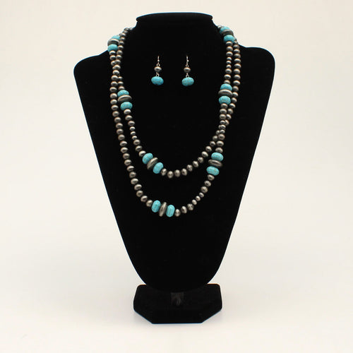 Blazin Roxx Double Strand Silver & Turquoise Beads Necklace & Earring Set